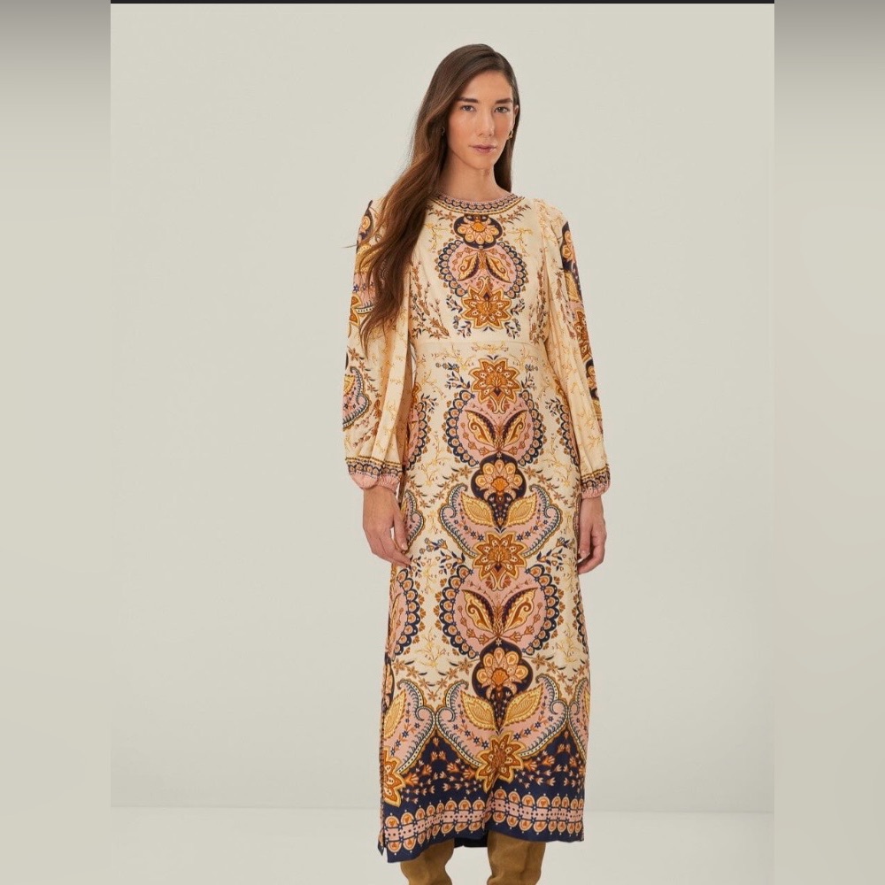 Farm Rio XL Beige Boho Midi Dress with Long Voluminous Sleeves 100% Viscose